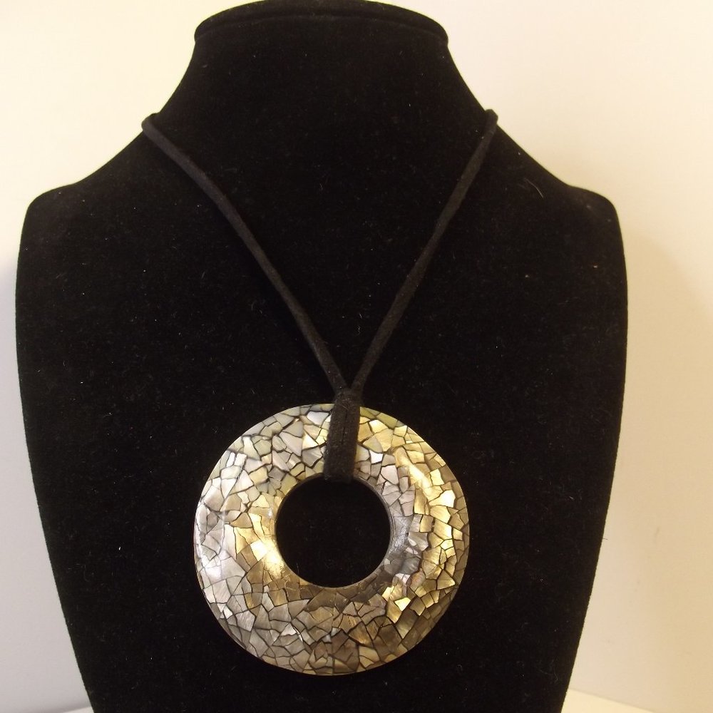 Abalone Shell Mosaic Round Pendant Necklace on Cord